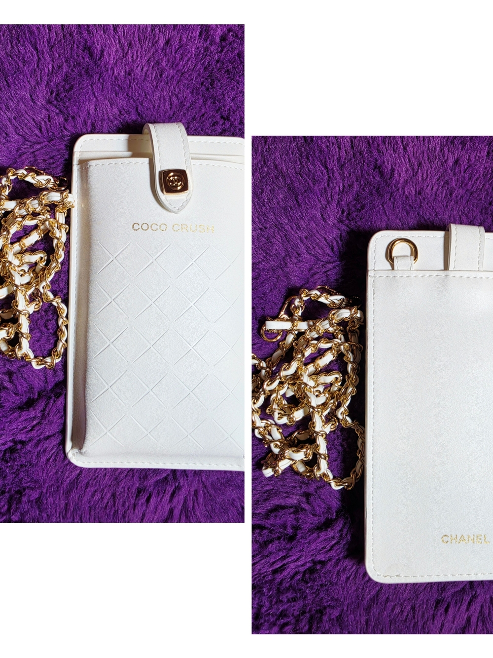 White Coco Crush Quilted Crossbody Phone Pouch with Gold Chain(GWP)